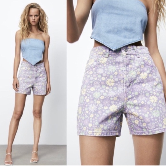 Zara Pants - Zara denim high waisted purple floral mom shorts size 6
